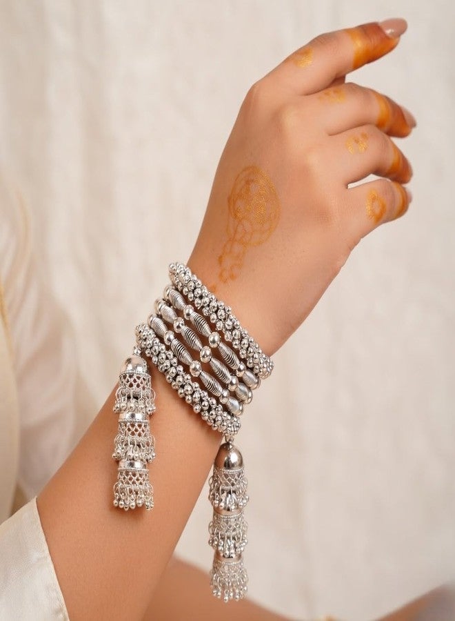 Efulgenz Indian Oxidized Jewelry Boho Bracelet Set Indian Oxidized Bracelet for Women Metal Ball Beaded Layered Jhumki Hanging Latkan Tassel Bracelet Fashion Statement Jewelry for Women - Image 3