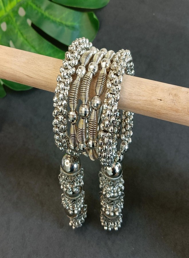 Efulgenz Indian Oxidized Jewelry Boho Bracelet Set Indian Oxidized Bracelet for Women Metal Ball Beaded Layered Jhumki Hanging Latkan Tassel Bracelet Fashion Statement Jewelry for Women - Image 2