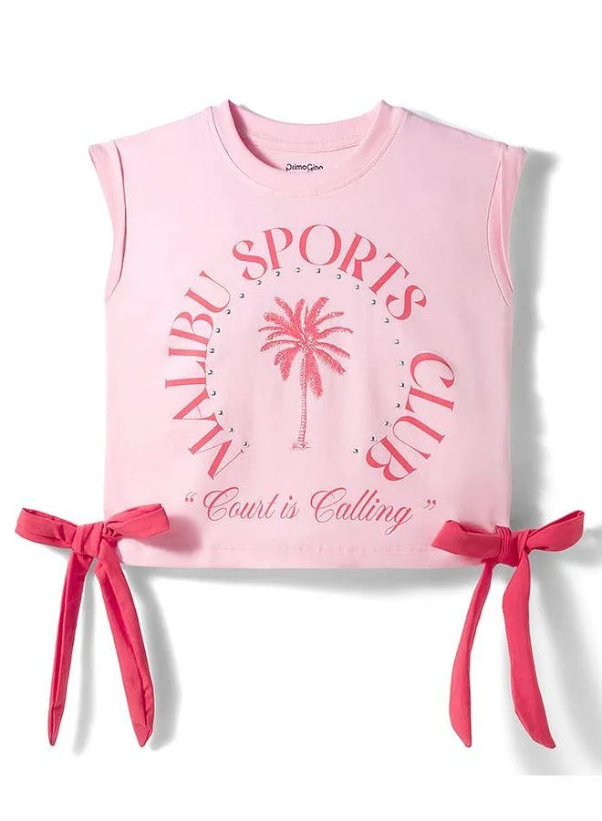 Primo Gino Primo Gino Cotton Elastane Knit Sleeveless Top and Shorts Set with Malibu Print and Bow Applique - Light Pink