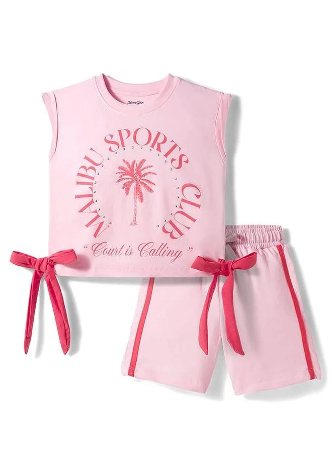 Primo Gino Primo Gino Cotton Elastane Knit Sleeveless Top and Shorts Set with Malibu Print and Bow Applique - Light Pink