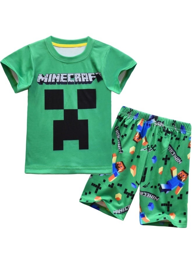 عام ماين كرافت بدلة كبيرة للأطفال بأكمام قصيرة تي شيرت + بنطلون بدلة من قطعتين كهدية للعائلة والأصدقاء - Image 1
