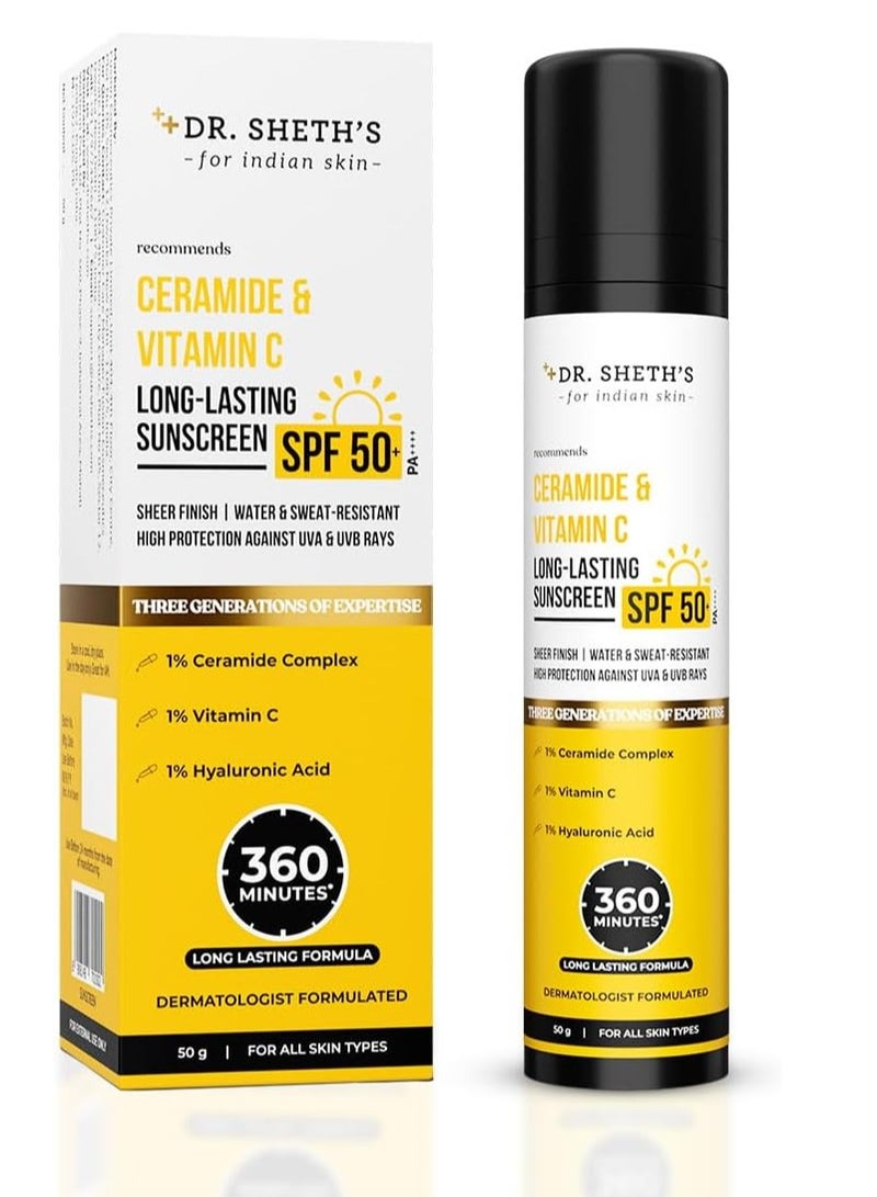 Dr. Sheth's Ceramide & Vitamin C Long lasting Sunscreen SPF 50+ PA++++|For 6 hrs Advanced UV & Tan Protection|No White Cast, Water & Sweat-Resistant|Non-Greasy & Quick-Absorbing |For Women & Men |50g