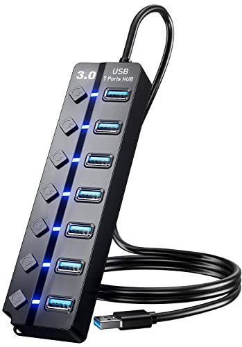PANPEO USB 3.0 Hub, PANPEO 7-Port USB Data Hub Splitter with 3ft Long Cable USB Extension for Laptop,PC Computer,Surface Pro, PS4/5, Flash Drive, Mobile HDD - with LED Individual On/Off - Image 1