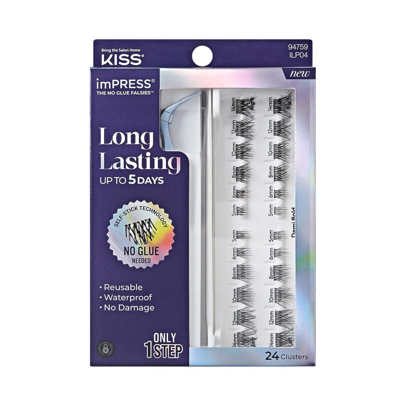 Impress KISS imPRESS Falsies Long Lasting Self Adhesive Eyelashes, â€˜Demi Boldâ€™, 5 Day Extended Wear, 24 Medium Volume Lash Clusters (5,6,8,10,12, & 14mm), Precision Non-Stick Applicator - Image 1