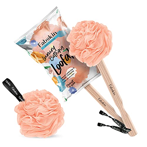 FABSKIN Luxury Bath Loofah Duo Pack | Peach | Loofah For Men and Women | Bath Brush Body Back Scrubber With Wooden Handle For Bathing With Round Loofah | Made In India (Peach) - Image 1