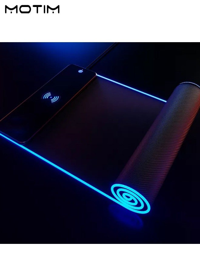 لوحة ماوس ألعاب RGB مع حصيرة ماوس LED لاسلكية سريعة الشحن 15 وات 80x30cm-4mm XL قاعدة مطاطية غير قابلة للانزلاق لوحة ماوس باد ممتدة 10 أوضاع إضاءة حصيرة لوحة المفاتيح لأجهزة الكمبيوتر المخصصة للألعاب