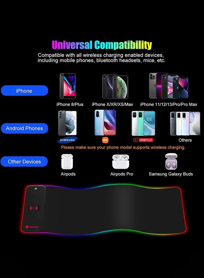 لوحة ماوس ألعاب RGB مع حصيرة ماوس LED لاسلكية سريعة الشحن 15 وات 80x30cm-4mm XL قاعدة مطاطية غير قابلة للانزلاق لوحة ماوس باد ممتدة 10 أوضاع إضاءة حصيرة لوحة المفاتيح لأجهزة الكمبيوتر المخصصة للألعاب
