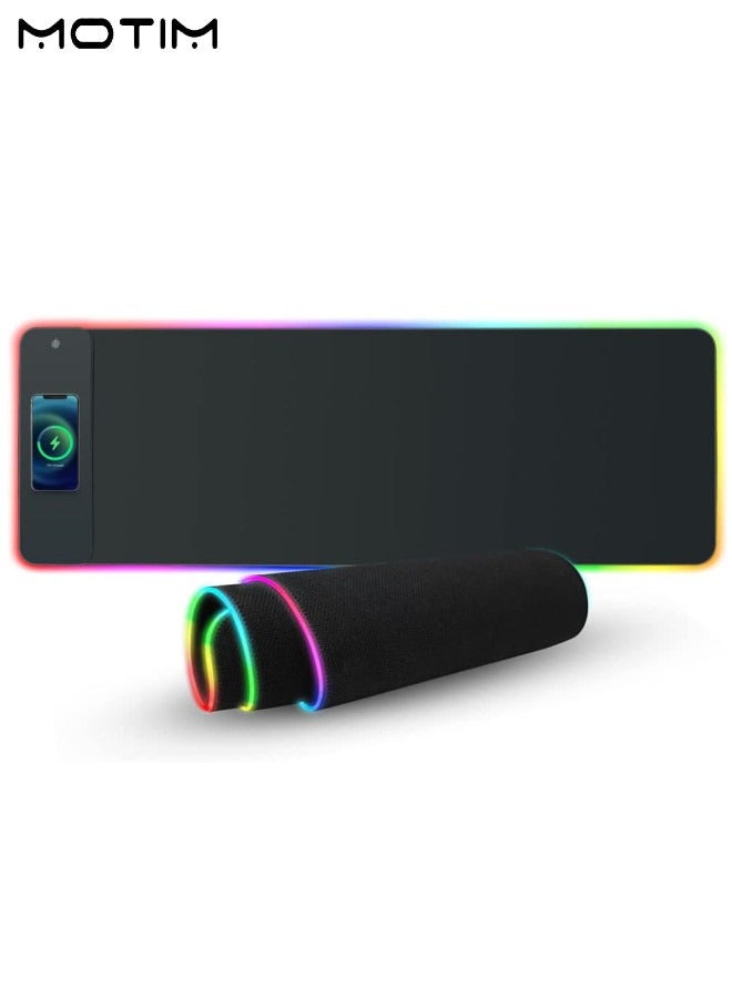 لوحة ماوس ألعاب RGB مع حصيرة ماوس LED لاسلكية سريعة الشحن 15 وات 80x30cm-4mm XL قاعدة مطاطية غير قابلة للانزلاق لوحة ماوس باد ممتدة 10 أوضاع إضاءة حصيرة لوحة المفاتيح لأجهزة الكمبيوتر المخصصة للألعاب