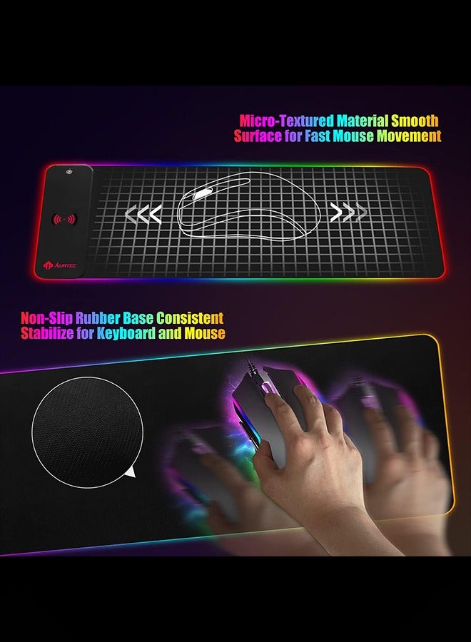 لوحة ماوس ألعاب RGB مع حصيرة ماوس LED لاسلكية سريعة الشحن 15 وات 80x30cm-4mm XL قاعدة مطاطية غير قابلة للانزلاق لوحة ماوس باد ممتدة 10 أوضاع إضاءة حصيرة لوحة المفاتيح لأجهزة الكمبيوتر المخصصة للألعاب