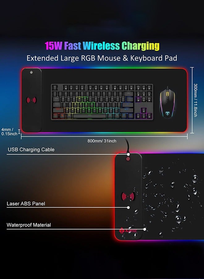 لوحة ماوس ألعاب RGB مع حصيرة ماوس LED لاسلكية سريعة الشحن 15 وات 80x30cm-4mm XL قاعدة مطاطية غير قابلة للانزلاق لوحة ماوس باد ممتدة 10 أوضاع إضاءة حصيرة لوحة المفاتيح لأجهزة الكمبيوتر المخصصة للألعاب