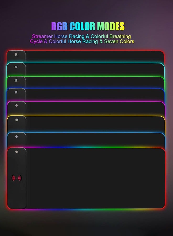 لوحة ماوس ألعاب RGB مع حصيرة ماوس LED لاسلكية سريعة الشحن 15 وات 80x30cm-4mm XL قاعدة مطاطية غير قابلة للانزلاق لوحة ماوس باد ممتدة 10 أوضاع إضاءة حصيرة لوحة المفاتيح لأجهزة الكمبيوتر المخصصة للألعاب
