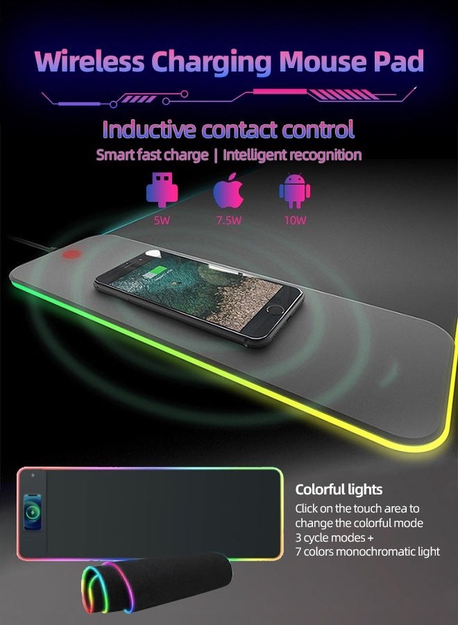 لوحة ماوس ألعاب RGB مع حصيرة ماوس LED لاسلكية سريعة الشحن 15 وات 80x30cm-4mm XL قاعدة مطاطية غير قابلة للانزلاق لوحة ماوس باد ممتدة 10 أوضاع إضاءة حصيرة لوحة المفاتيح لأجهزة الكمبيوتر المخصصة للألعاب