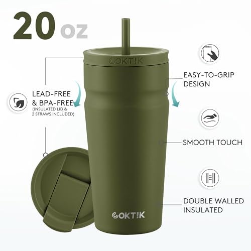 COKTIK 20oz Insulated Tumbler with Lid and Straw Iced Coffee Cup Reusable Stainless Steel Travel Mug Water Bottle Cupholder Friendly for Women Men Her Him (Olive) - Image 2