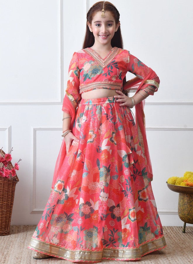 Indi-Loom Couture Girls Printed V-Neck Sequinned Lehenga & Blouse With Dupatta - Image 1