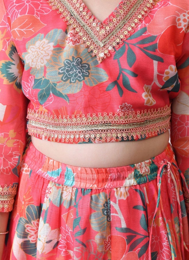 Indi-Loom Couture Girls Printed V-Neck Sequinned Lehenga & Blouse With Dupatta - Image 4