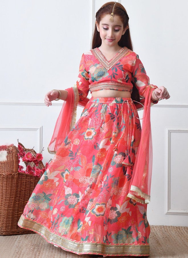 Indi-Loom Couture Girls Printed V-Neck Sequinned Lehenga & Blouse With Dupatta - Image 3