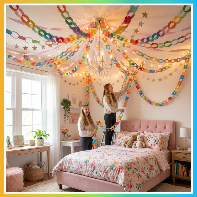 TaoBary 1000 Sheet 1.77x9.84 Inch Rainbow Paper Chain Garland Strip Construction DIY Craft Paper Chain for Home Classroom Birthday Holiday Party Decor Supplies with Double Side Tape - Image 3