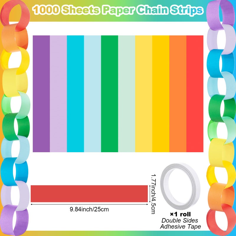 TaoBary 1000 Sheet 1.77x9.84 Inch Rainbow Paper Chain Garland Strip Construction DIY Craft Paper Chain for Home Classroom Birthday Holiday Party Decor Supplies with Double Side Tape - Image 2