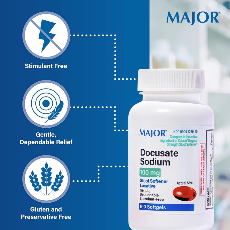 Major Pharmaceuticals MAJOR Docusate Sodium 100 mg Stool Softener Laxative Softgels for Constipation Relief Gentle Stimulate Free Stool Softeners for Women Men and Kids Ages 12 100 Count 1 Pack - Image 3