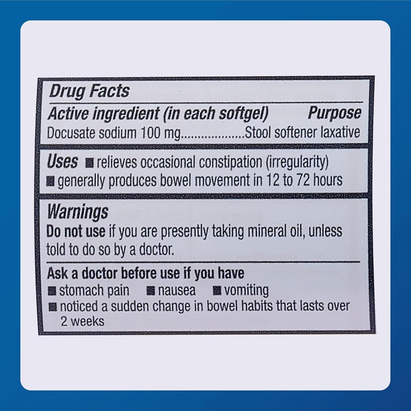 Major Pharmaceuticals MAJOR Docusate Sodium 100 mg Stool Softener Laxative Softgels for Constipation Relief Gentle Stimulate Free Stool Softeners for Women Men and Kids Ages 12 100 Count 1 Pack - Image 4