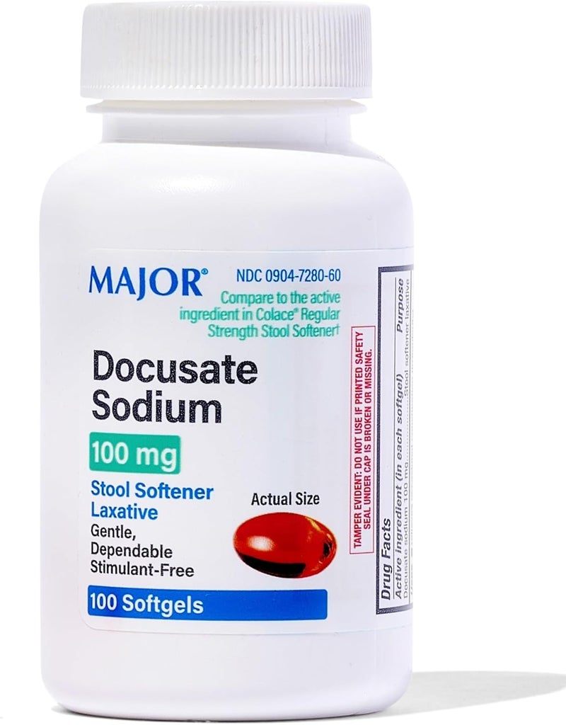 Major Pharmaceuticals MAJOR Docusate Sodium 100 mg Stool Softener Laxative Softgels for Constipation Relief Gentle Stimulate Free Stool Softeners for Women Men and Kids Ages 12 100 Count 1 Pack - Image 1