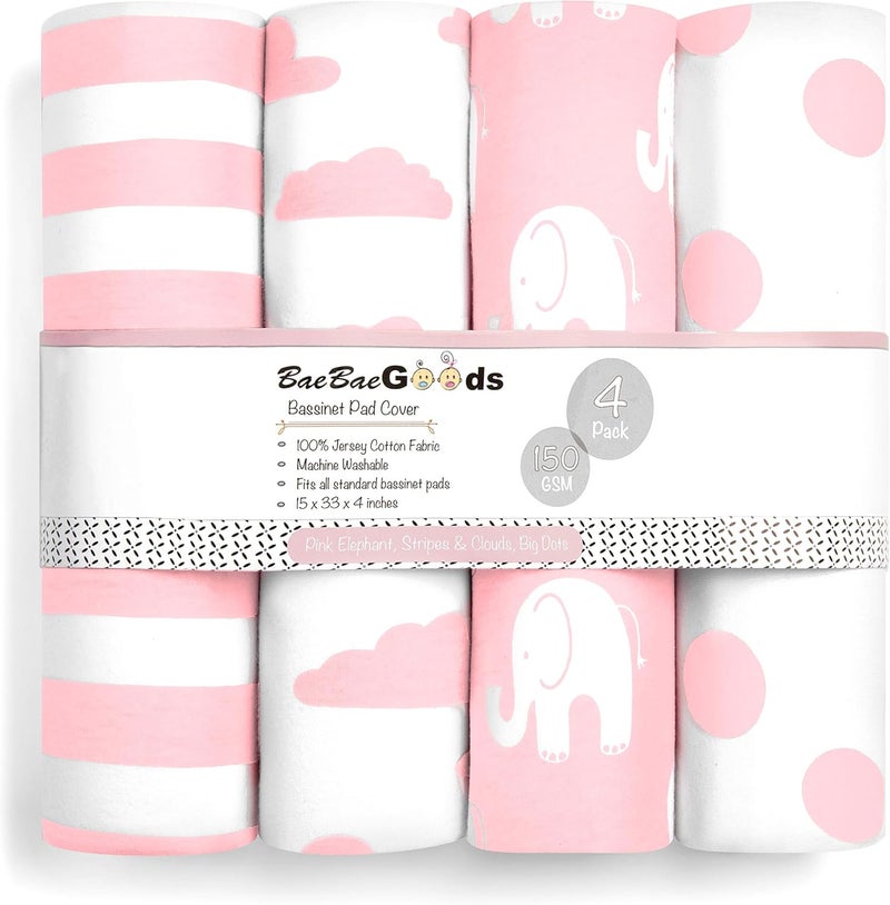 BaeBae Goods Elephants Collection Bassinet Pad Cover Set - 4 Pack of 100% Jersey Knit Cotton Sheets - Image 1