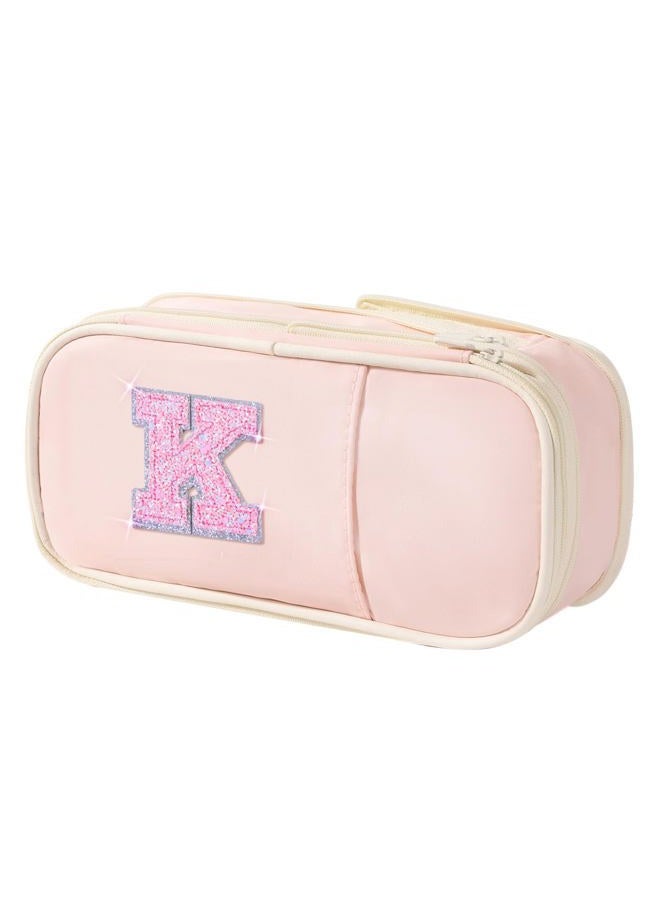 Janhavi Preppy Pencil Case for School Supplies, Initial Large Pink Pencil Case Organizer with Zipper, Cute Pencil Bag Holder for Office, Ideal Birthday Gift for Kids,8,9,10 Years Old Girls, Adults-Pink K - Image 1