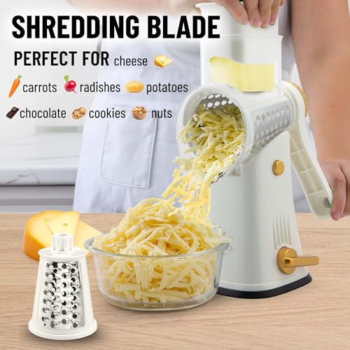 Zulay Kitchen Rotary Cheese Grater 5 Blade Cheese Shredder - Manual Hand Crank Cheese Grater With Reinforced Suction & 5 Interchangeable Drums - Easy to Use, Vegetable Chopper Round Mandoline Slicer - Image 5