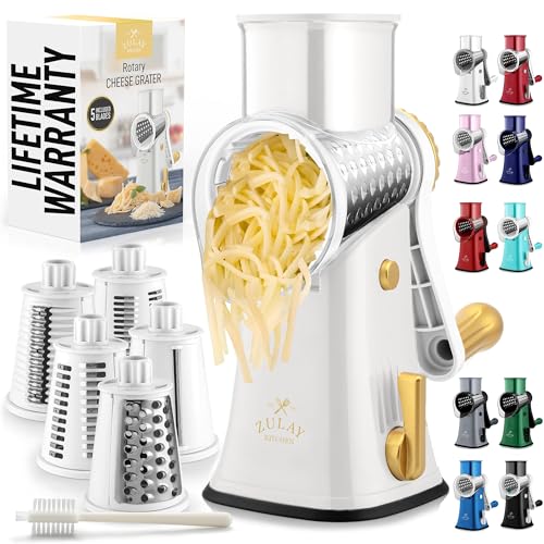 Zulay Kitchen Rotary Cheese Grater 5 Blade Cheese Shredder - Manual Hand Crank Cheese Grater With Reinforced Suction & 5 Interchangeable Drums - Easy to Use, Vegetable Chopper Round Mandoline Slicer - Image 2
