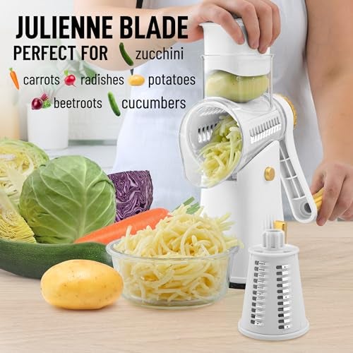 Zulay Kitchen Rotary Cheese Grater 5 Blade Cheese Shredder - Manual Hand Crank Cheese Grater With Reinforced Suction & 5 Interchangeable Drums - Easy to Use, Vegetable Chopper Round Mandoline Slicer - Image 3