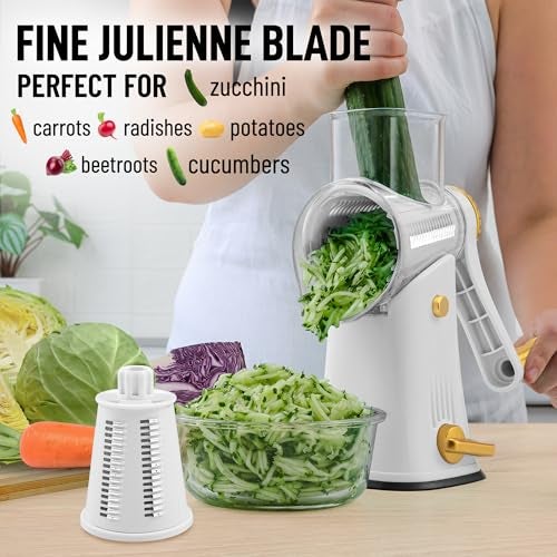 Zulay Kitchen Rotary Cheese Grater 5 Blade Cheese Shredder - Manual Hand Crank Cheese Grater With Reinforced Suction & 5 Interchangeable Drums - Easy to Use, Vegetable Chopper Round Mandoline Slicer - Image 4