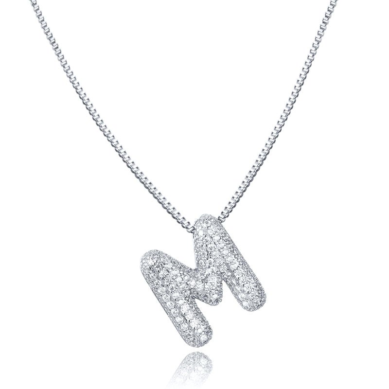 SKQIR Diamond Initial Letter Silver M Necklace for Women Bubble Silver Plated Puffy Balloon Alphabet Crystal Zircon Pendant Name Necklace Dainty Charms Trendy Jewelry Gift for Women - Image 1