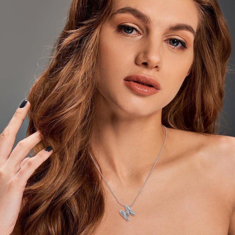 SKQIR Diamond Initial Letter Silver M Necklace for Women Bubble Silver Plated Puffy Balloon Alphabet Crystal Zircon Pendant Name Necklace Dainty Charms Trendy Jewelry Gift for Women - Image 3