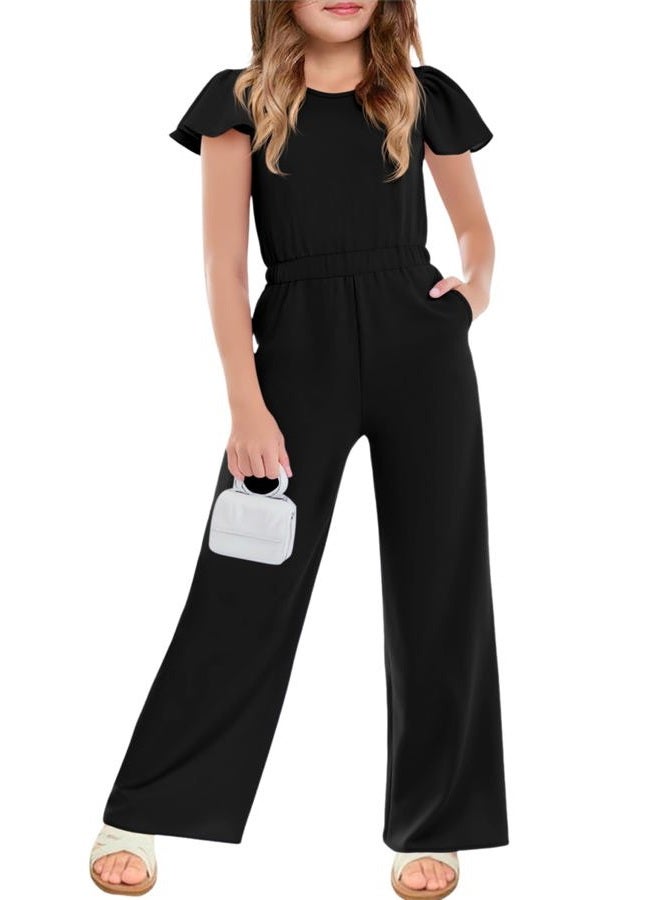 Haloumoning Girls Jumpsuit Kids Fashion Ruffle Cap Sleeve Wide Leg Rompers One Piece Outfits with Pockets, Black, 11-12 years - Image 1