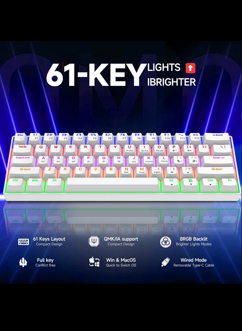 أوتشوانغ 60٪ لوحة مفاتيح ألعاب زرقاء وماوس كومبو للألعاب، لوحة مفاتيح صغيرة مدمجة للغاية ذات 61 مفتاحًا بإضاءة خلفية RGB، ماوس بصري خفيف الوزن 7200 نقطة في البوصة على شكل قرص العسل، مجموعة ألعاب سلكية RGB للكمبيوتر الشخصي PS5 Xbox اللاعب (أبيض) - Image 2