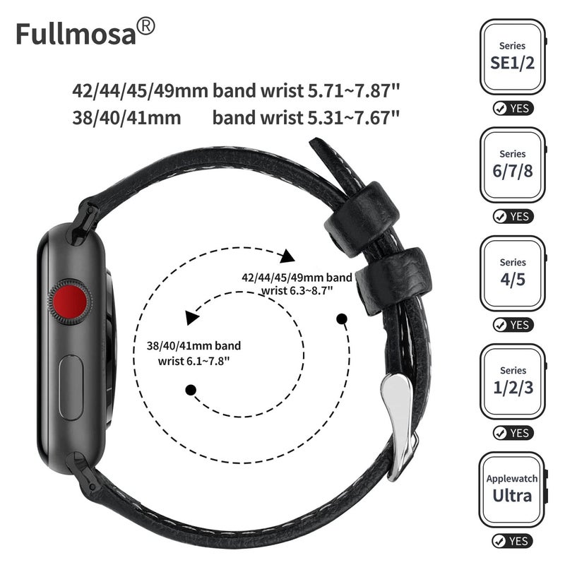 Fullmosa Compatible with Apple Watch Band Leather 49mm 46mm 45mm 44mm 42mm for iWatch Series 11/10/9/8/7/6/5/4/3/2/1, Ultra3/2/1, SE3/2/1, Lichi Black + silver buckle - Image 2