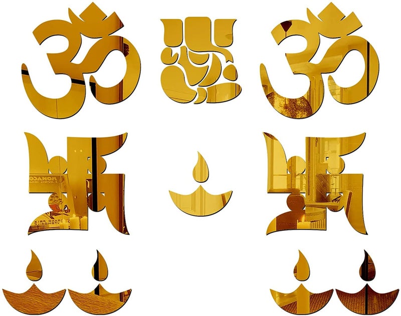 Decorcreed Ganesha with Om Swastika Diyas mandir sticker pooja mandir stickers stickers for mandir sticker for mandir om wall decor om subh labh for door entrance shubh labh GoldenPack of 10