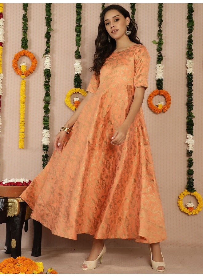AKS Orange Jacquard Zari Work Flared Maxi Dress  - Image 1