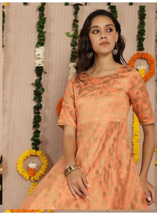 AKS Orange Jacquard Zari Work Flared Maxi Dress  - Image 4