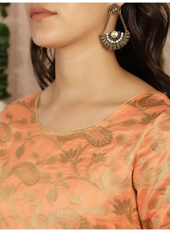 AKS Orange Jacquard Zari Work Flared Maxi Dress  - Image 2