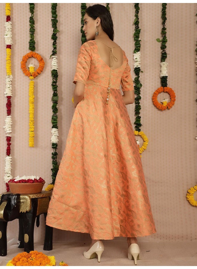 AKS Orange Jacquard Zari Work Flared Maxi Dress  - Image 5