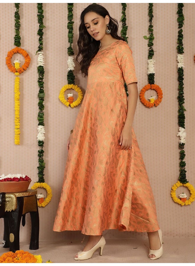 AKS Orange Jacquard Zari Work Flared Maxi Dress  - Image 3