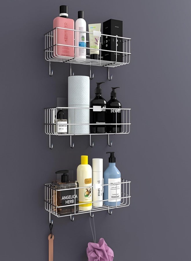 Homeor Stainless Steel Self Adhesive Bathroom Shelf with 4 Hooks for Wall/Shelf Organizer/Kitchen Shelf with Magic Stickers, Saving Wall Mounted Bathroom Shelf, Pack of 3, Chrome - Image 1