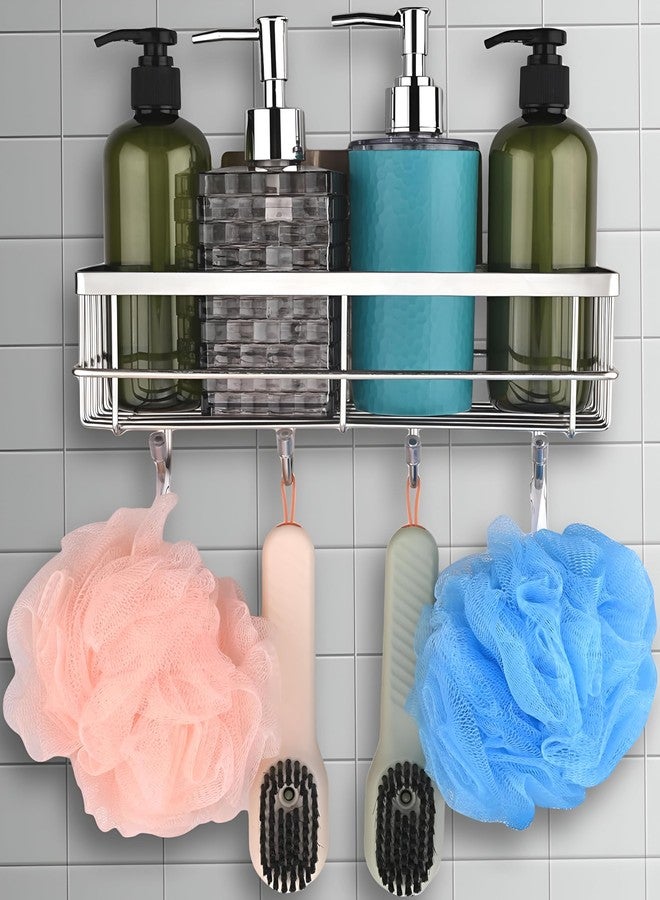 Homeor Stainless Steel Self Adhesive Bathroom Shelf with 4 Hooks for Wall/Shelf Organizer/Kitchen Shelf with Magic Stickers, Saving Wall Mounted Bathroom Shelf, Pack of 3, Chrome - Image 3