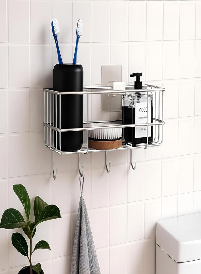 Homeor Stainless Steel Self Adhesive Bathroom Shelf with 4 Hooks for Wall/Shelf Organizer/Kitchen Shelf with Magic Stickers, Saving Wall Mounted Bathroom Shelf, Pack of 3, Chrome - Image 5