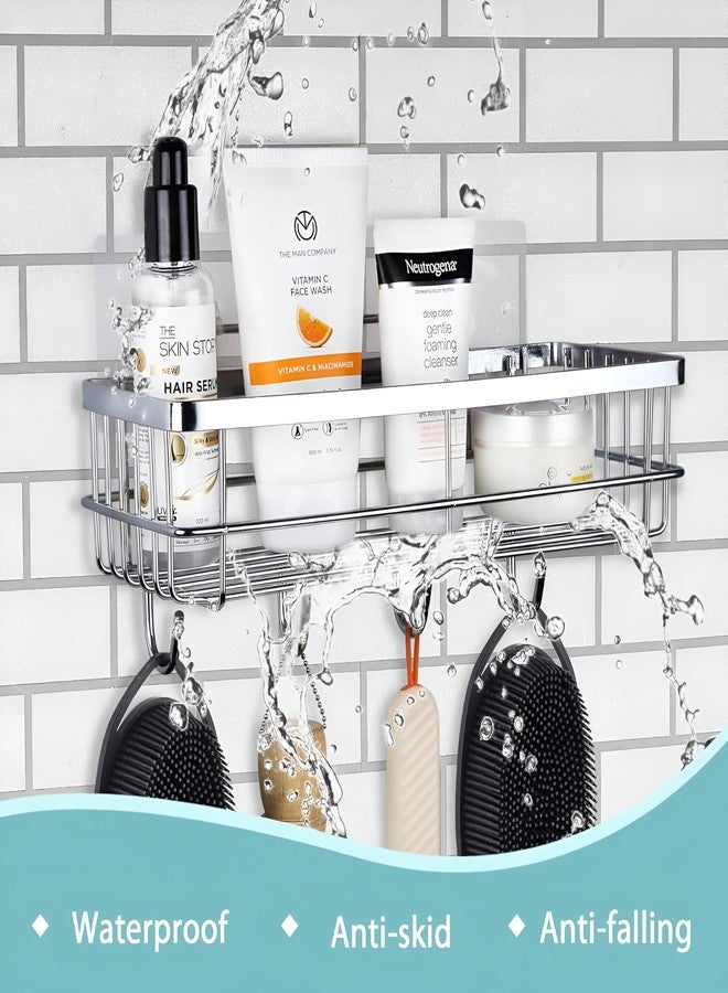 Homeor Stainless Steel Self Adhesive Bathroom Shelf with 4 Hooks for Wall/Shelf Organizer/Kitchen Shelf with Magic Stickers, Saving Wall Mounted Bathroom Shelf, Pack of 3, Chrome - Image 4