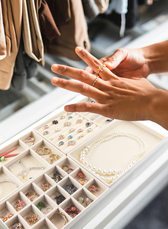 DUNISO 8 Pieces Beige Velvet Jewelry Trays Set, Multi Compartment Drawer Jewelry Organizer for Rings Earrings Necklaces - Image 5