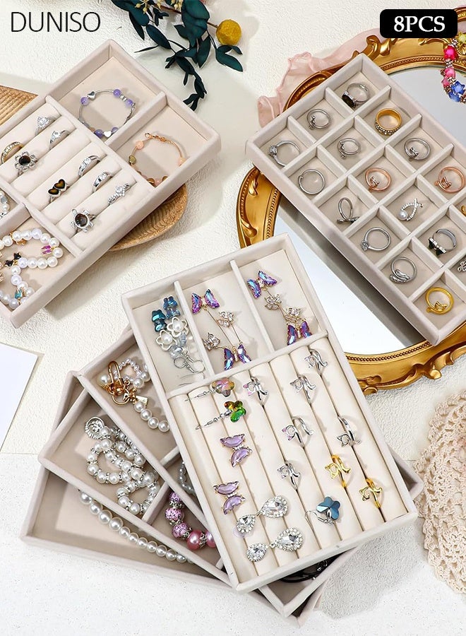 DUNISO 8 Pieces Beige Velvet Jewelry Trays Set, Multi Compartment Drawer Jewelry Organizer for Rings Earrings Necklaces - Image 1