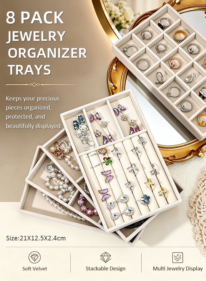 DUNISO 8 Pieces Beige Velvet Jewelry Trays Set, Multi Compartment Drawer Jewelry Organizer for Rings Earrings Necklaces - Image 1