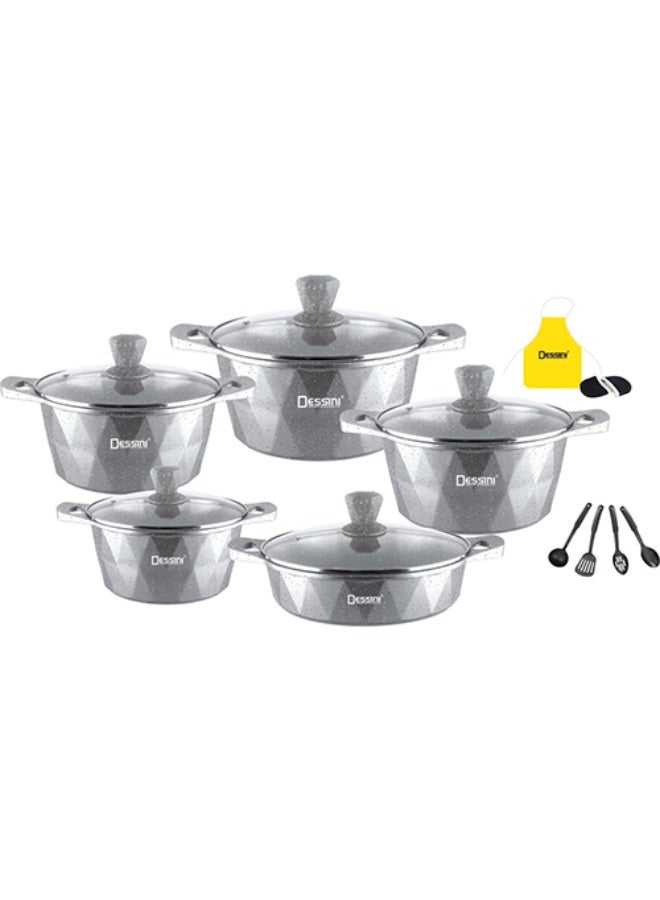 DESSINI طقم أواني الطهي غير اللاصقة من ديسيني 17 قطعة 20/24/28/32 سم قدر، 28 سم قدر ضحل 320 رمادي - خالي من PFOA